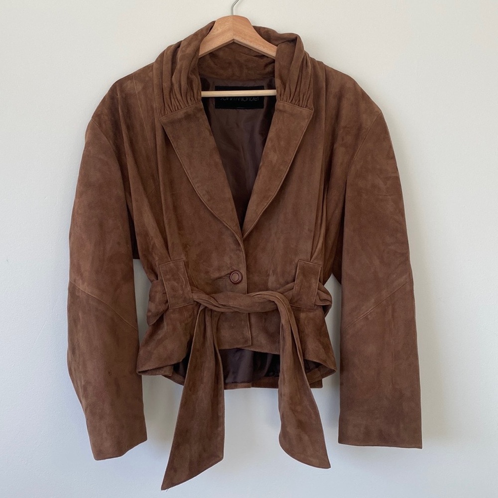 Vintage John Michael Brown Suede/leather Jacket with shoulder pads and belt